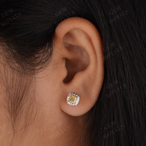 Canary Yellow Cushion Cut Halo Diamond 14K Gold Earrings Lab Grown