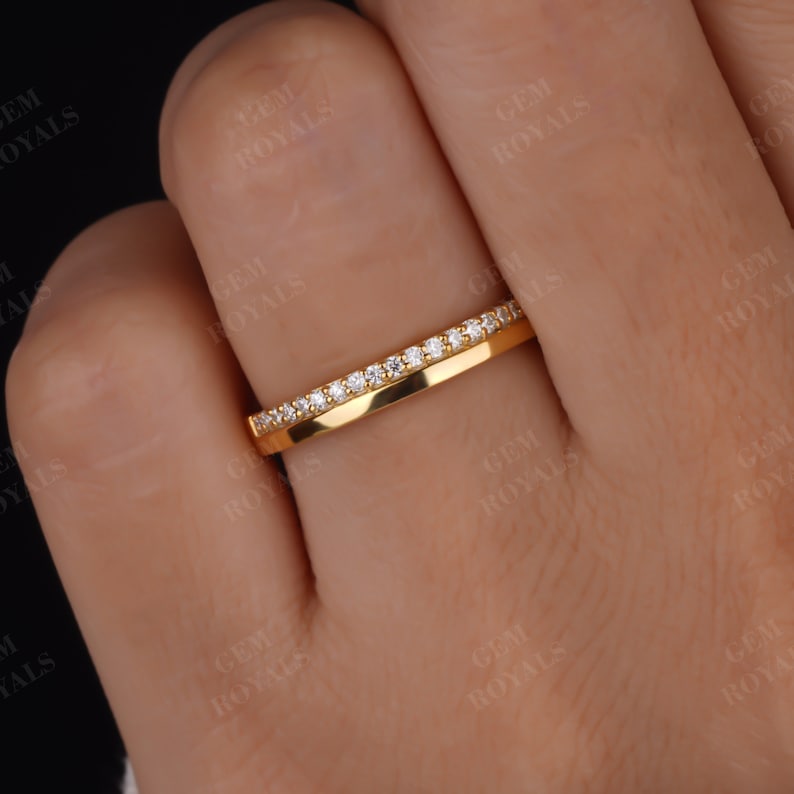 Round Cut Moissanite Wedding Band Women 14K Gold 3MM Wide Plain Band One Side Pave Set Diamond Ring Half Eternity Stacking Anniversary gifts for her