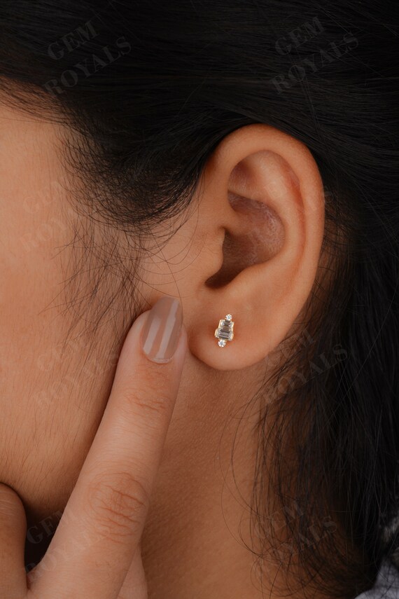Baguette Moissanite Mini Stud Earrings 14K Gold Round Half