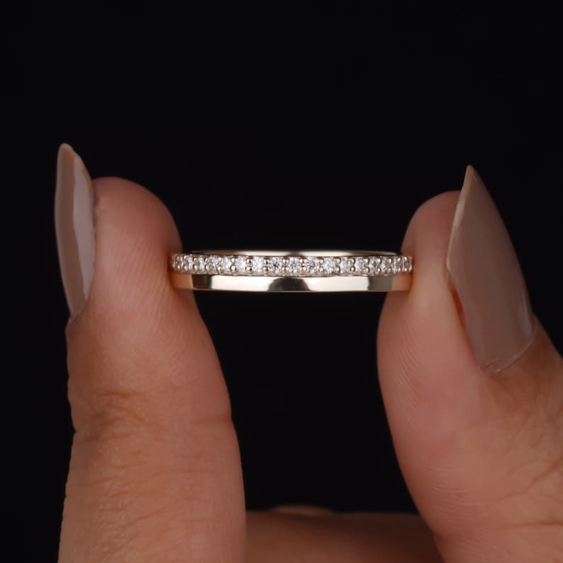 Round Cut Moissanite Wedding Band Women 14K Gold 3MM Wide Plain Band One Side Pave Set Diamond Ring Half Eternity Stacking Anniversary gifts for her
