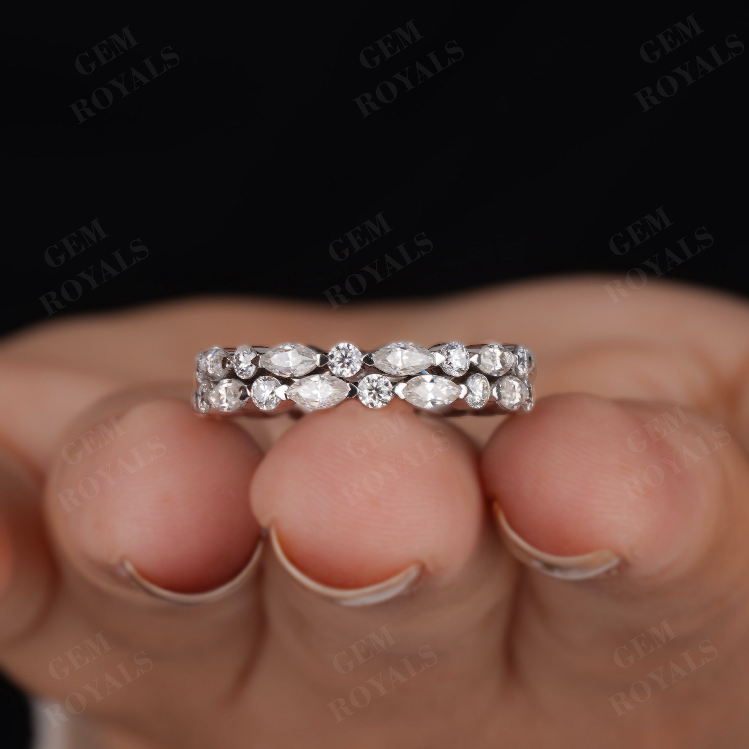 Moissanite Full Eternity Wedding Band Set, 14K White Gold Shared Prong ...