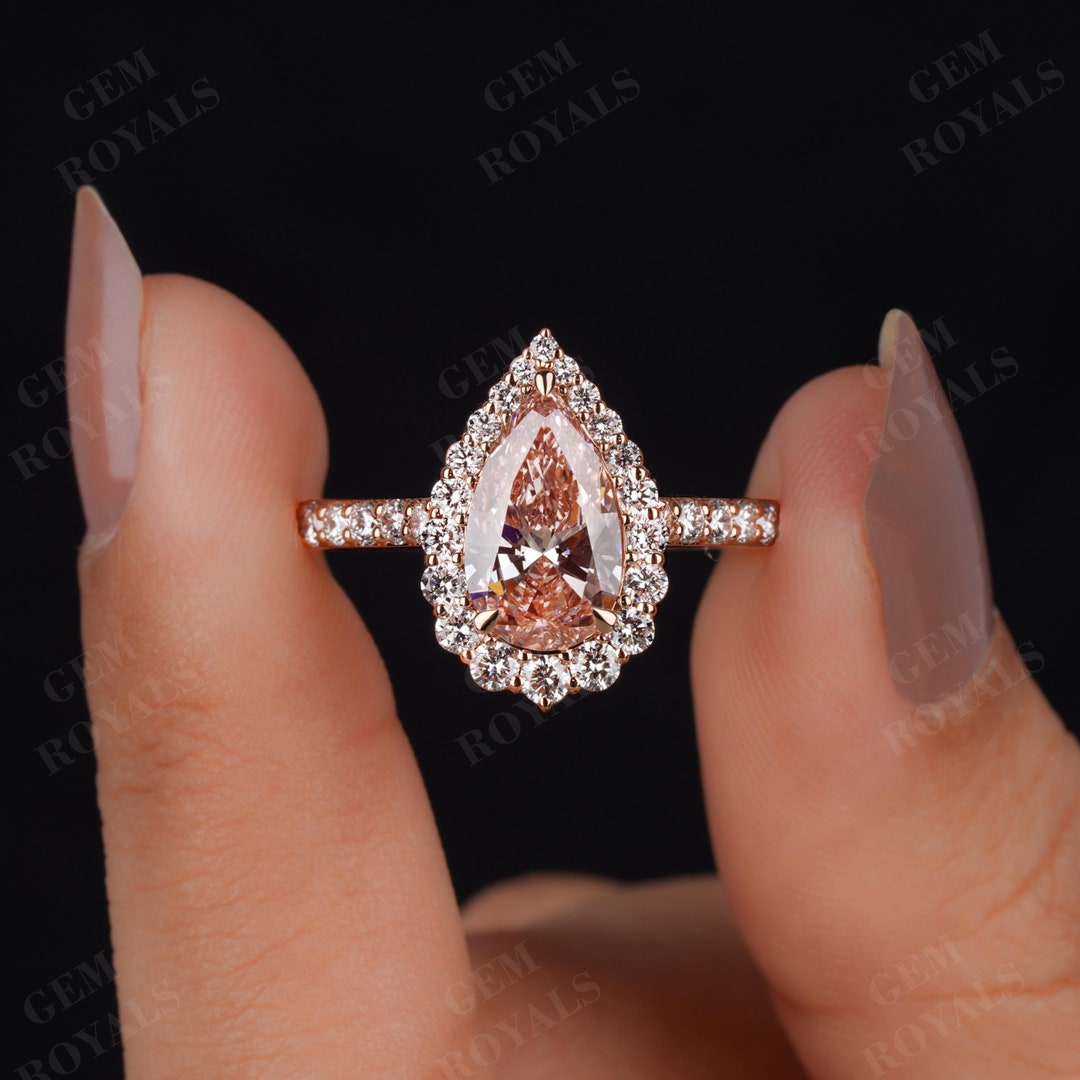 Pear Shaped Pink Lab Grown Diamond Engagement Ring, Round Cut Pave