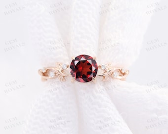 Nature Inspired Round Garnet Ring Natural Garnet Engagement Ring Dainty Twig Leaf Diamond Ring Vintage Style Moissanite Wedding Ring