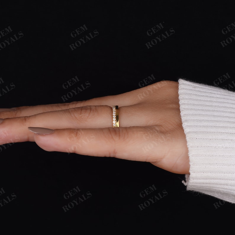 Round Cut Moissanite Wedding Band Women 14K Gold 3MM Wide Plain Band One Side Pave Set Diamond Ring Half Eternity Stacking Anniversary gifts for her