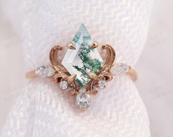 Vintage Stil Einzigartige Moos Achat Verlobungsring 14K Solid Gold Kite Cut Grünen Moos Achat Ring Moissanite Verlobungsring Brautring Brautring Set