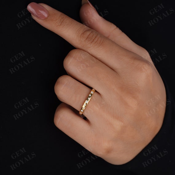 Moissanite Wedding Band Women, 14K Gold Minimalist Stacking