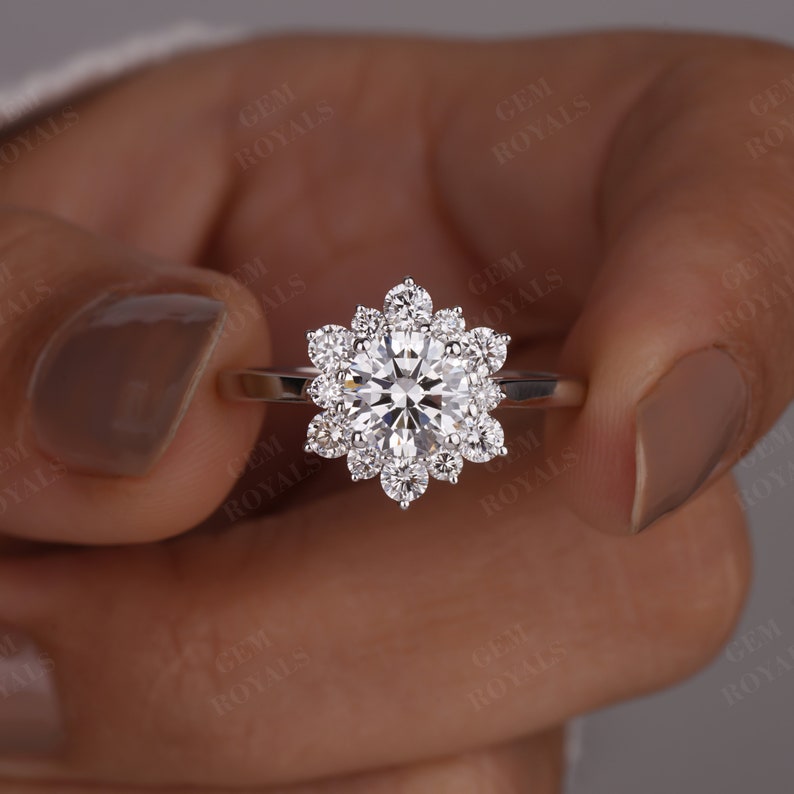 1.58 TCW Lab Grown Diamond Ring, Floral Snowflake Halo, Vintage ...