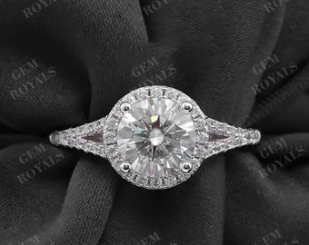 14K Solid Gold Round Cut Moissanite Split Shank Halo Engagement Ring, Paved Diamond Promise Ring for women Anniversary Gift for her