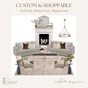 May include: A living room interior design featuring a curved sectional sofa with throw pillows, a coffee table, two armchairs, a fireplace, a chandelier, and a rug. The room is decorated in a neutral colour palette with hints of brown and gold.