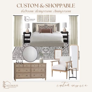 Peut inclure: Une maquette de design d'intérieur de chambre à coucher avec une palette de couleurs neutres, un tapis à motifs gris, un lit blanc avec des oreillers bruns, une commode en bois à neuf tiroirs, un miroir rond, un fauteuil blanc et un grand miroir. Le texte "CUSTOM & SHOPPABLE bedroom / living room / dining room" est en haut de l'image. Le texte "ASIMAH INTERIORS" est en bas à gauche de l'image. Le texte "custom service" est en bas à droite de l'image.