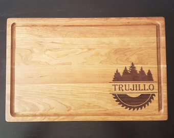 Cutting Board w/Personalized Name and Forest Scene above Sawblade