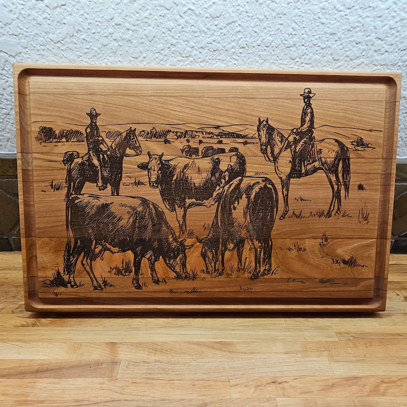 Personalized Cutting Board Engraved with Cowboy Scene Customize your Cutting Charcuterie Board for Engagement Anniversary Wedding Present