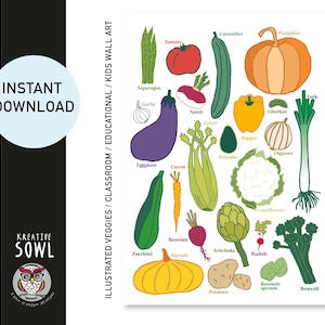 Printable educational illustrated English vegetables poster