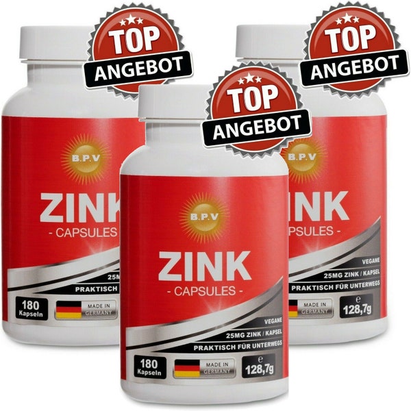 ZINK 180 Vegane Kapseln | hochdosiert 25mg pro Kapsel | frei von Zusatzstoffen | für Veganer & Vegetarier geeignet | Made in Germany