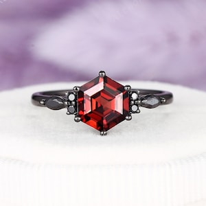 Gothic Hexagon Cut Natural Garnet Engagement Ring, Rhodium Black Gold Red Garnet Anniversary Ring, Black Moissanite Wedding Promise Ring