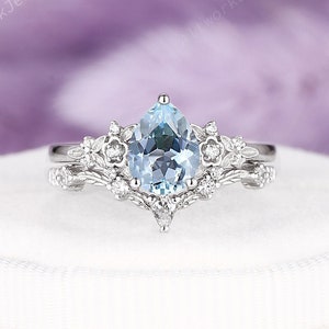 Vintage Pear Cut Aquamarine Engagement Ring Set, Unique White Gold Natural Aquamarine Bridal Set, Art Deco Floral Wedding Promise Ring Gift