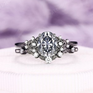 Gothic Gray Moissanite Engagement Ring Set, Grey Moissanite Bridal Set, Black Gold Floral Wedding Ring, Rhodium Black Flower Promise Ring