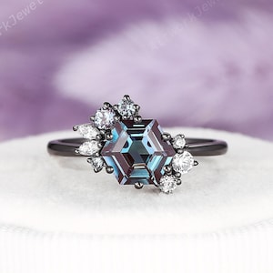 Black Gold Cluster Ring, Hexagon Alexandrite Engagement Ring , Rhodium Black Alexandrite Anniversary Ring, Gothic Black Wedding Promise Ring