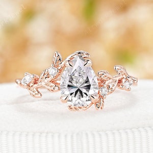 Vintage Pear Cut Moissanite Wedding Ring, 14K Rose Gold Diamond Engagement Ring, Nature Inspired Twig Leaf Floral Promise Ring Gift for Her