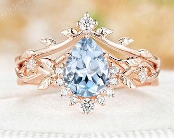 Pear Cut Natural Blue Aquamarine Engagement Ring Set, 14K Rose Gold Fantasy Twig Leaf Bridal Set, March Birthstone Wedding Ring for Women