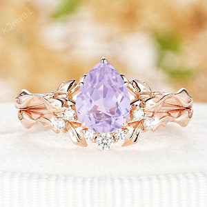 Pear Cut Lavender Amethyst Engagement Ring Set 14K Rose Gold Nature Inspired Twig Leaf Bridal Set February Birthstone Wedding Ring for Women