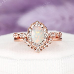 Oval Shape Natural Australia White Fire Opal Engagement Ring Set, Unique 14K 18K Gold Opal Wedding Set Vintage Opal Floral Halo Promise Ring