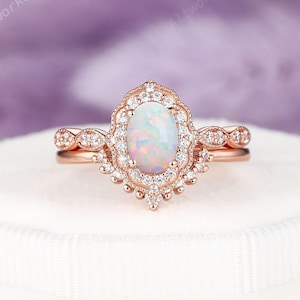 Oval Shape White Fire Opal Engagement Ring Set, Unique 14K 18K Gold Opal Wedding Set, Vintage Opal Floral Halo Promise Ring Anniversary Ring