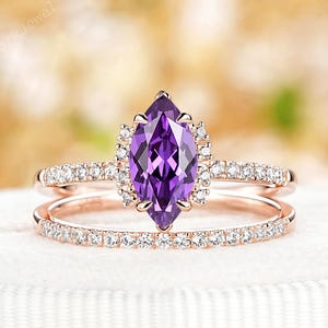 Marquise Cut Purple Sapphire Engagement Ring Set, Vintage 14K Rose Gold Violet Sapphire Bridal Set, Unique September Birthstone Wedding Ring