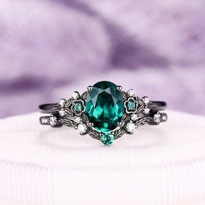 Gothic Oval Shape Emerald and Diamond Engagement Ring Set, Rhodium Black Gold Plated Bridal Set, Black Wedding Set Promise Ring Gift for her
