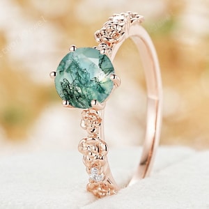 Natural Round Cut Moss Agate Engagement Ring, Green Aquatic Agate Promise Wedding Ring, 14K Rose Gold Birth Flower Anniversary Gift for Her