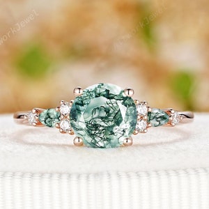 Vintage Round Cut Moss Agate Engagement Ring Natural Green Aquatic Agate Promise Wedding Ring Unique 14K Rose Gold Anniversary Gift for Her