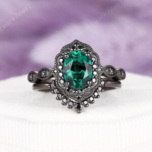 Unique Black Gold Oval Shape Emerald Engagement Ring Set, Rhodium Black Floral Halo Promise Ring, Black Wedding Ring Gift Gothic Bridal Set