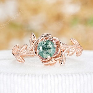 Natural Round Moss Agate Engagement Ring 14K Rose Gold Green Aquatic Agate Promise Ring Twig Leaf June Birth Flower Wedding Ring for Women