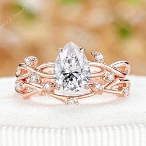 Vintage Pear Cut Moissanite and Diamond Bridal Set 14K Rose Gold Twig Branch Engagement Ring Unique Leaf Prong Wedding Promise Ring for Her