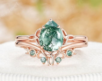 Celtic Knots Pear Cut Moss Agate Engagement Ring Set Natural Aquatic Agate 14K Rose Gold Bridal Set Unique Moon Phase Wedding Ring for Women