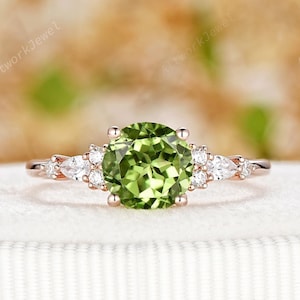 Vintage Round Green Peridot Engagement Ring Rose Gold August Birthstone Promise Wedding Ring Peridot and Moissanite Silver Anniversary Gift