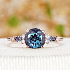 Round Cut Color Changing Alexandrite Engagement Ring, Vintage June Birthstone Promise Wedding Ring, 14K Rose Gold Anniversary Ring for Women