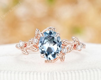Vintage Oval Cut Blue Aquamarine Engagement Ring, 14K Rose Gold Fantasy Twig Leaf Wedding Ring, Natural Aquamarine Promise Ring for Women