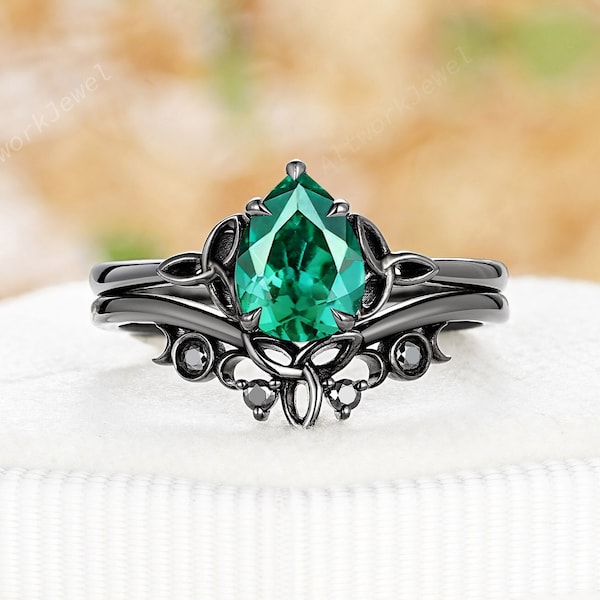 Gothic Pear Emerald Solitaire Bridal Set, Celtic Knots Rhodium Black Gold Punk Engagement Ring Set, Moon Phase Witchy Celestial Wedding Ring