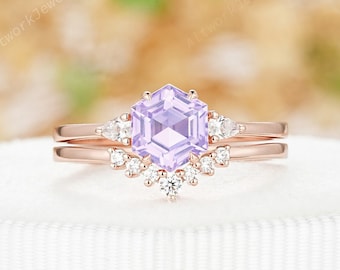 Lavender Amethyst and Diamond Engagement Ring Set, Hexagon Natural Amethyst Bridal Set,Unique 14K Rose Gold Promise Wedding Ring Set for Her