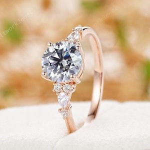 Round Cut Gray Moissanite and Diamond Wedding Ring, 14K Rose Gold Grey Moissanite Engagement Ring, Vintage Promise Ring Anniversary Gift