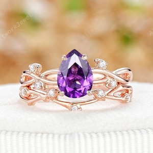 Nature Inspired Pear Cut Amethyst Bridal Set, Rose Gold February Birthstone Engagement Ring Set, Vintage Twig Branch Wedding Ring for Women