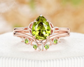 Natural Pear Peridot Celtic Knot Bridal Set 14K Rose Gold Norse Viking Engagement Ring Set August Birthstone Celestial Promise Ring for Her