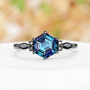 Black Gold Hexagon Alexandrite Engagement Ring , Rhodium Black Alexandrite Anniversary Ring,Black Moissanite Promise Ring,Gothic Witchy Ring
