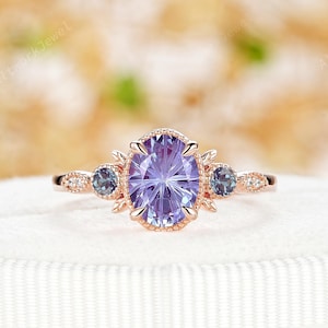 Firework Cut Oval Shape Alexandrite Engagement Ring, 14K Rose Gold Twig Leaf Milgrain Wedding Ring, June Birthstone Promise Ring for Women