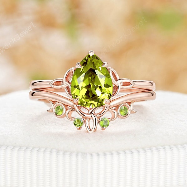 Natural Pear Peridot Celtic Knot Bridal Set 14K Rose Gold Norse Viking Engagement Ring Set August Birthstone Celestial Promise Ring for Her