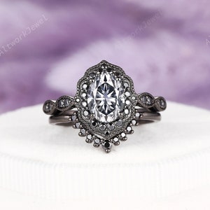 Black Gold Oval Shape Gray Moissanite Engagement Ring Set, Rhodium Black Floral Halo Promise Ring, Black Wedding Ring, Gothic Bridal Set