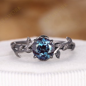 Gothic Solitaire Alexandrite Engagement Ring, Black Gold Round Alexandrite Wedding Ring, Hip Hop Leaf Black Promise Ring, Anniversary Ring