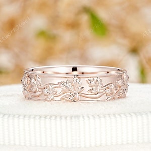Full Eternity Maple Leaf His Wedding Band Nature Inspired 14K Rose Gold Couple Promise Ring Vintage 5mm Stacking Men&#39;s Engagement Band Gift