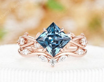 London Blue Topaz and Diamond Bridal Set, Princess Cut Blue Topaz Engagement Ring Set, Natural Leaf November Birthstone Promise Wedding Ring